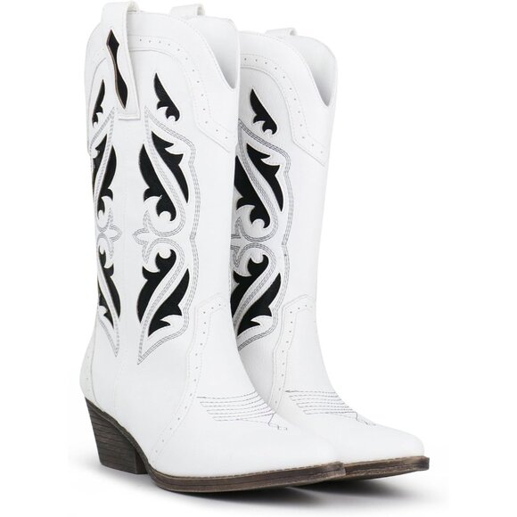 Women's White Embroidered Pointed Toe Chunky Block Heel Cowgirl Western Booties - Picture 5 of 6